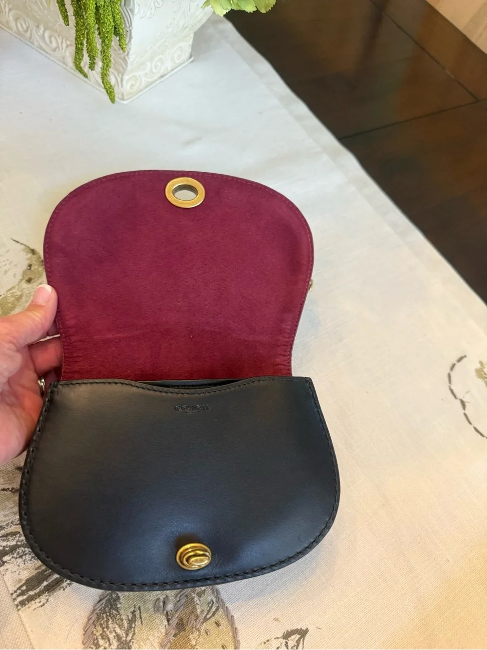 Coach Small Signature Crossbody in Tan and Brown with Gold Chain